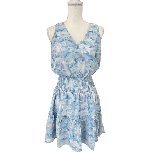 KLD Signature Blue Watercolor Sleeveless Smocked  Mini Dress V Neck Size Medium - Picture 2 of 12